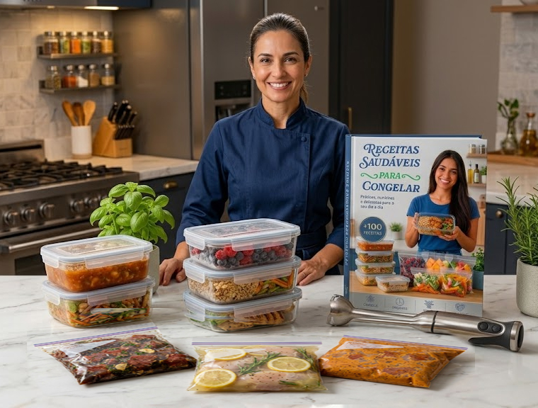 Chef apresentando o livro Receitas Saudáveis para Congelar